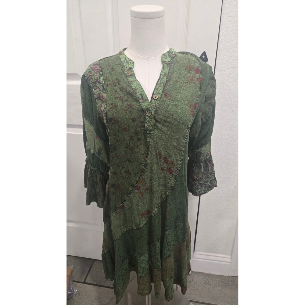 Young Threads Basil Green Patchwork Boho Dress Floral Paisley Viscose Medium NWT
